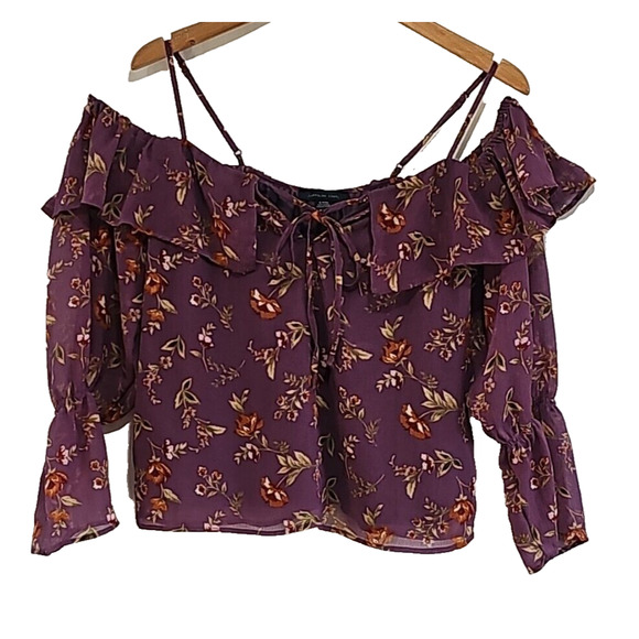 American Eagle Blouse Women's Small Purple Floral Cold Shoulder Stretch Y2K - Picture 1 of 8